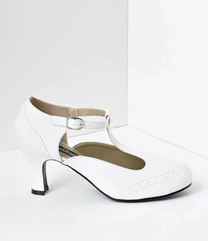 1920s White TStrap Mary Jane Kitten Heels Shoes Unique Vintage Heels
