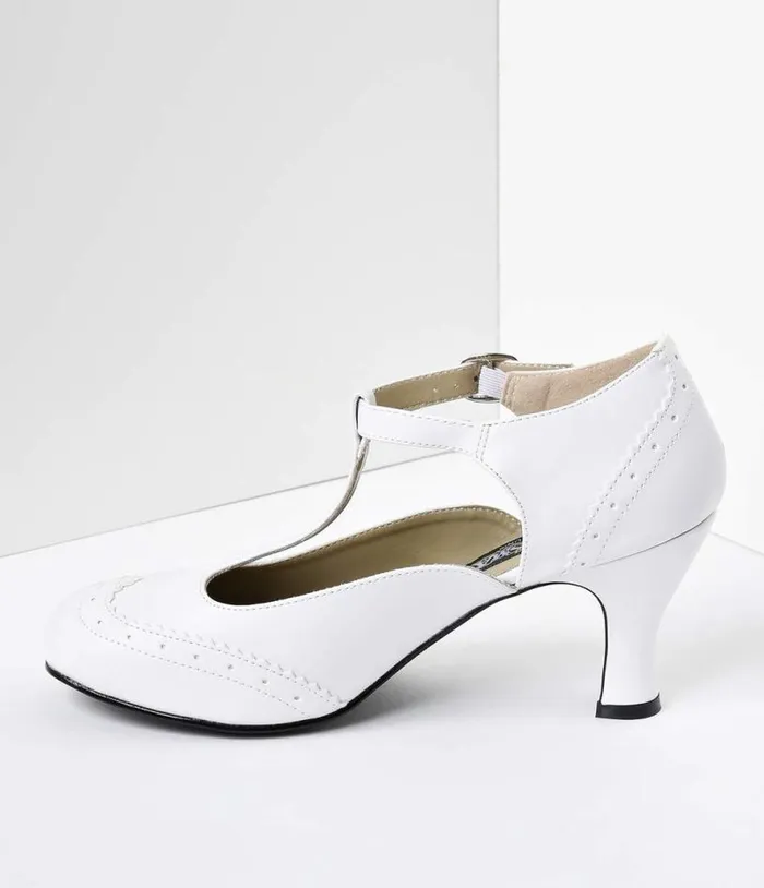 1920s White TStrap Mary Jane Kitten Heels Shoes Unique Vintage Heels