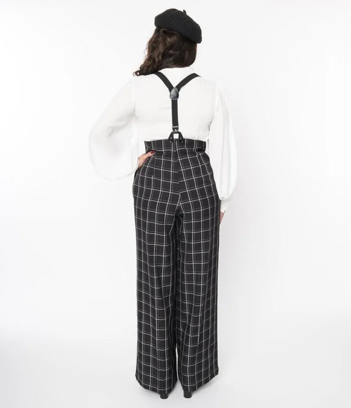 1930s Black Windowpane Plaid High Waist Suspender Trouser ClothingPlus Unique Vintage Pants