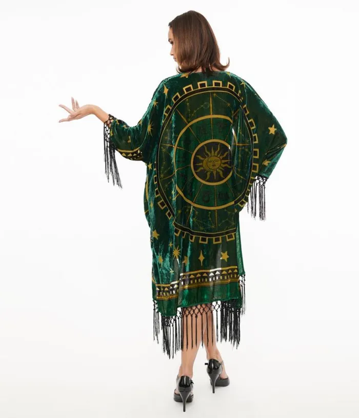 1930s Emerald and Gold Zodiac Burnout Velvet Fringe Kimono ClothingPlus Unique Vintage Jackets 1930s Emerald and Gold Zodiac Burnout Velvet Fringe Kimono ClothingPlus Unique Vintage Jackets