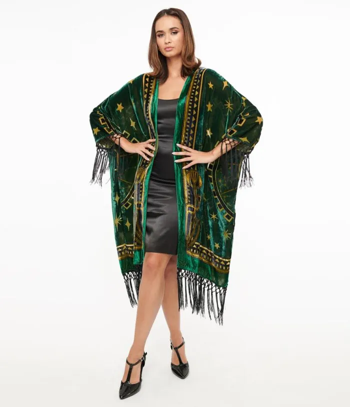 1930s Emerald and Gold Zodiac Burnout Velvet Fringe Kimono ClothingPlus Unique Vintage Jackets