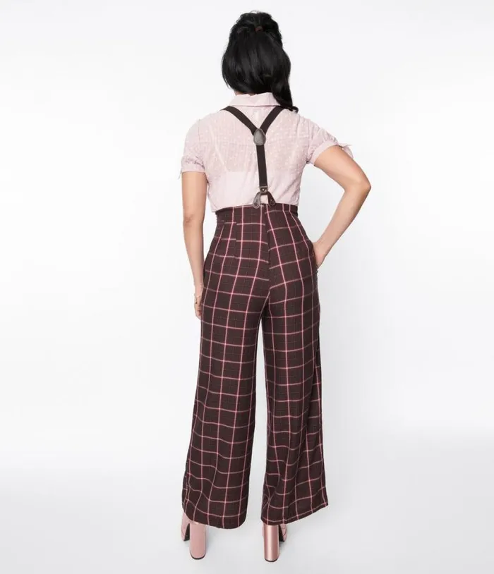 1930s Purple and Mauve Plaid High Waist Suspender Pants ClothingPlus Unique Vintage Pants