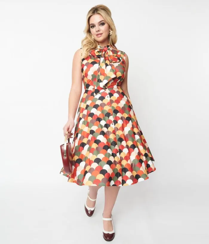 1940s Multicolor Scallop Print Ribboned Swing Dress Dresses Unique Vintage Pocket Dresses 1940s Multicolor Scallop Print Ribboned Swing Dress Dresses Unique Vintage Pocket Dresses