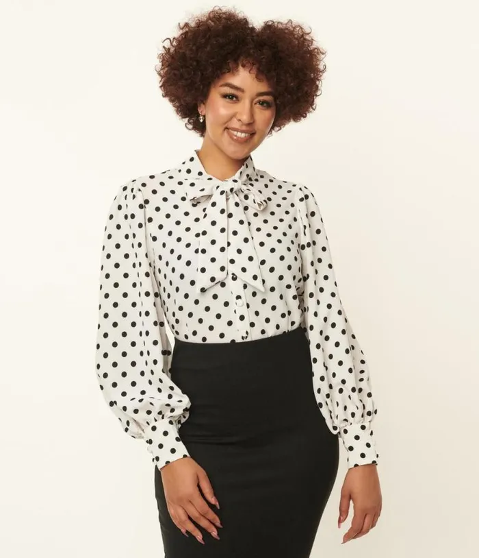1940s White and Black Polka Dot Neck Tie Gwen Blouse Clothing Unique Vintage Blouses 1940s White and Black Polka Dot Neck Tie Gwen Blouse Clothing Unique Vintage Blouses