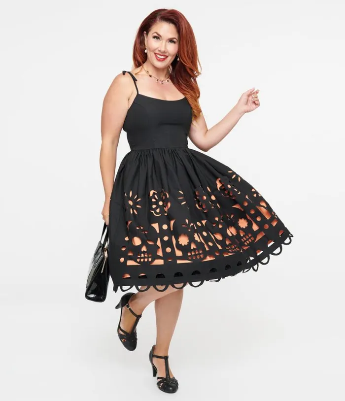 1950s Black and Orange Dia De Los Muertos Cutout Bobbie Swing Dress Halloween Unique Vintage Dresses 1950s Black and Orange Dia De Los Muertos Cutout Bobbie Swing Dress Halloween Unique Vintage Dresses
