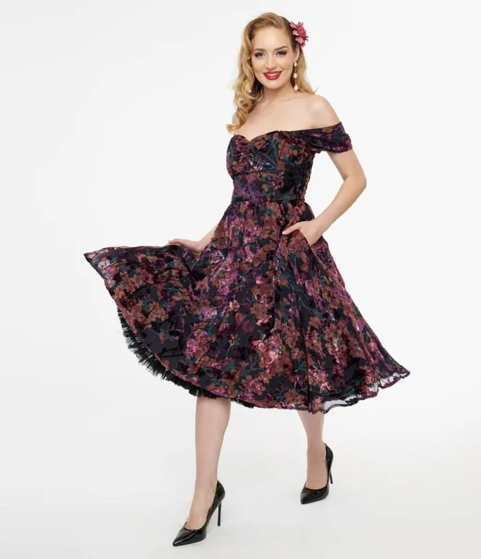 1950s Purple Floral Velvet Burnout Off Shoulder Flare Dress Dresses Unique Vintage Pocket Dresses 1950s Purple Floral Velvet Burnout Off Shoulder Flare Dress Dresses Unique Vintage Pocket Dresses