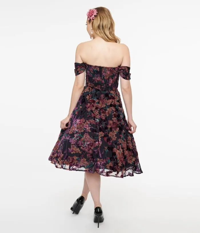 1950s Purple Floral Velvet Burnout Off Shoulder Flare Dress Dresses Unique Vintage Pocket Dresses