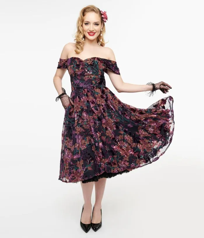 1950s Purple Floral Velvet Burnout Off Shoulder Flare Dress Dresses Unique Vintage Pocket Dresses