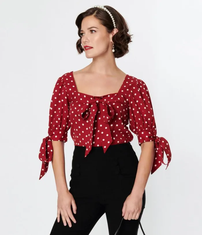 1950s Red and White Polka Dot Bow Fitted Top Clothing Unique Vintage Blouses