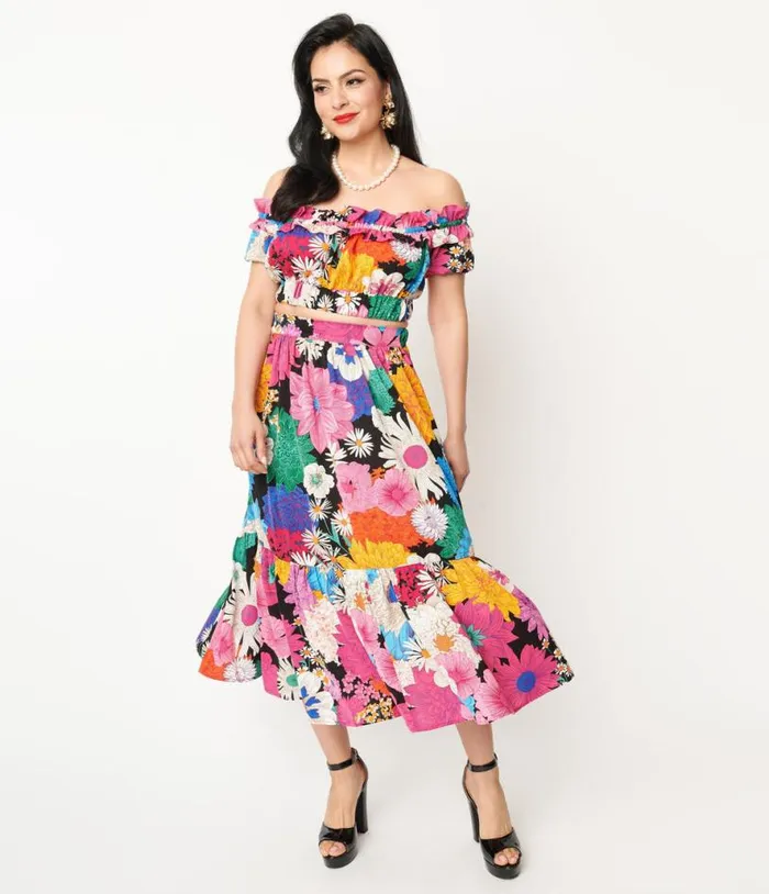1970s Black and Rainbow Floral Midi Skirt Clothing Unique Vintage Skirts