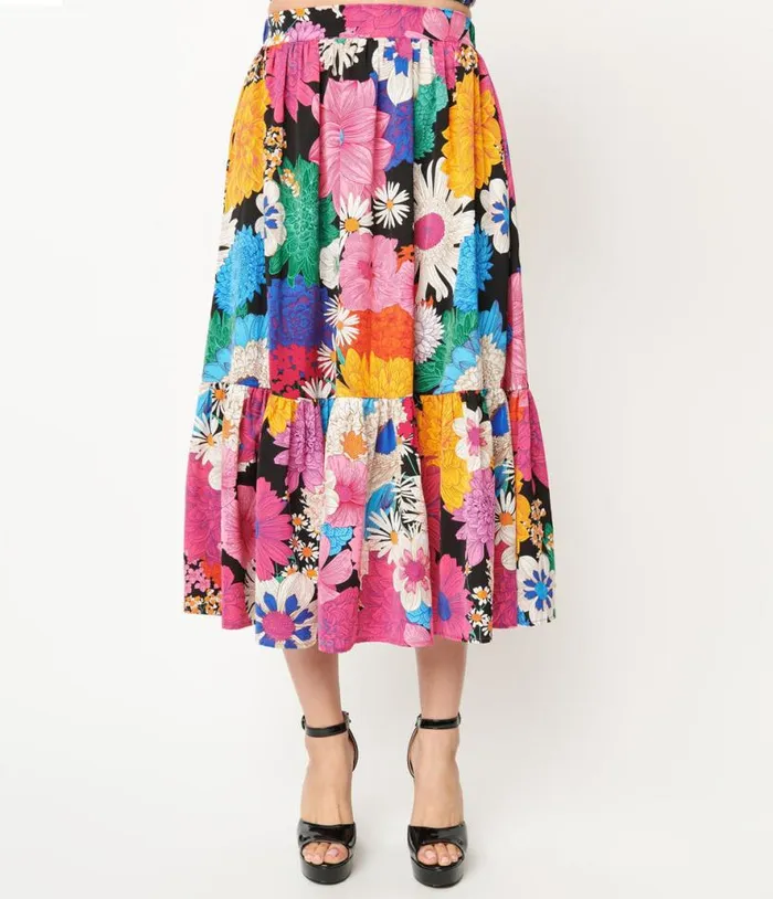 1970s Black and Rainbow Floral Midi Skirt Clothing Unique Vintage Skirts