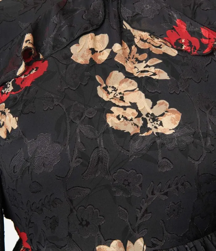 1970s Black Red and Gold Floral Bell Sleeve Maxi Dress Dresses Unique Vintage Maxi