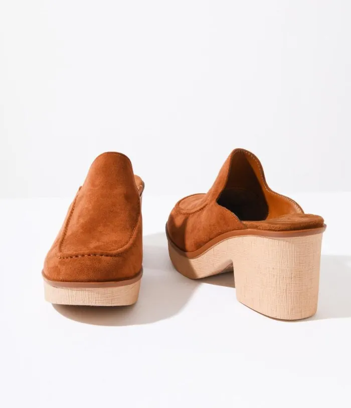 1970s Brown Faux Suede Platform Mule Heels Shoes Unique Vintage Sandals