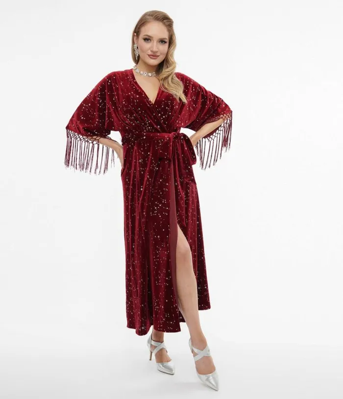 1970s Burgundy Velvet Silver Star Wrap Midi Dress Dresses Unique Vintage Wrap Dresses 1970s Burgundy Velvet Silver Star Wrap Midi Dress Dresses Unique Vintage Wrap Dresses