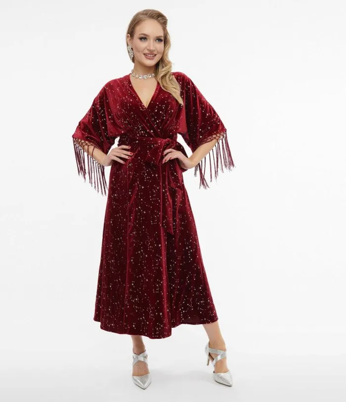 1970s Burgundy Velvet Silver Star Wrap Midi Dress Dresses Unique Vintage Wrap Dresses