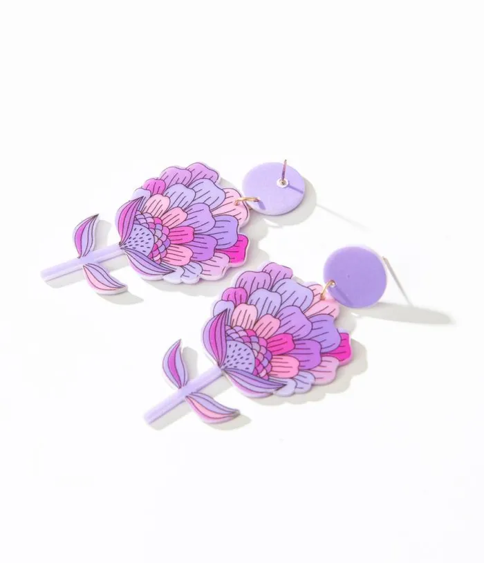 1970s Purple Flower Bloom Earrings Accessories Unique Vintage Earrings