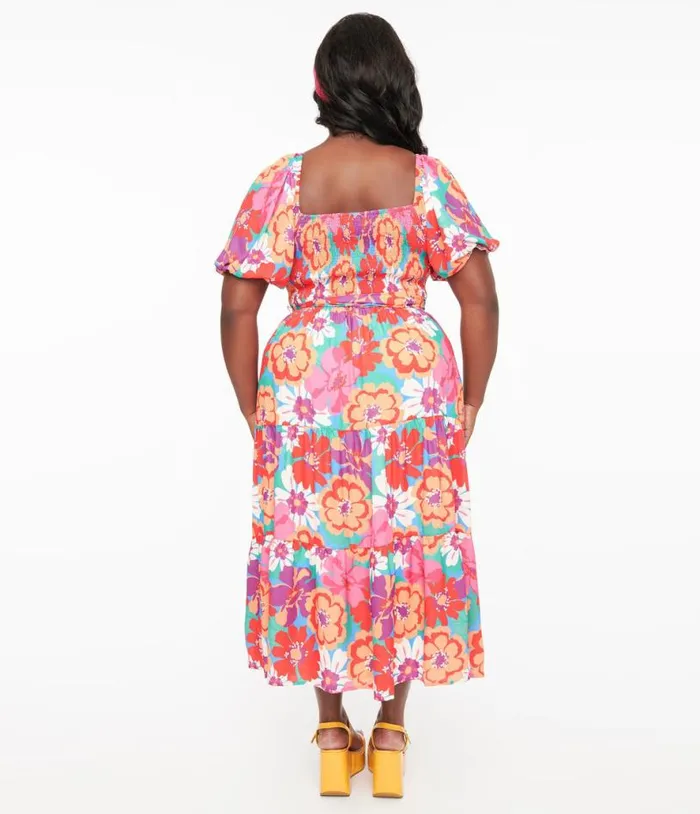 1970s Red and Pink Abstract Floral Midi Dress Dresses Unique Vintage Midi