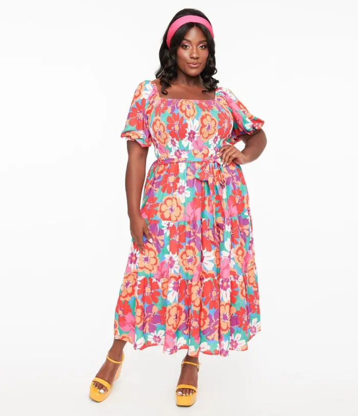 1970s Red and Pink Abstract Floral Midi Dress Dresses Unique Vintage Midi