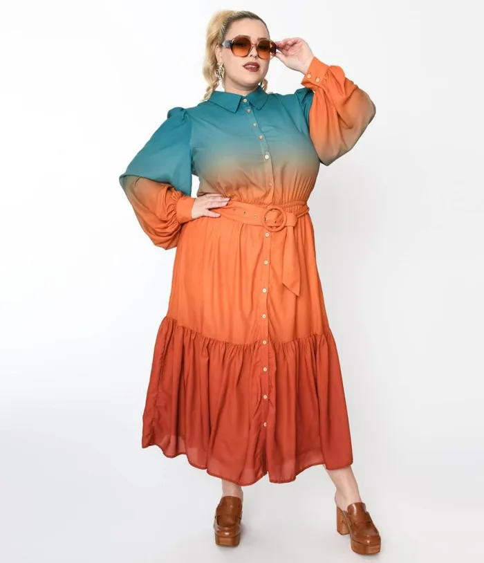 1970s Teal and Rust Gradient Maxi Shirt Dress DressesPlus Unique Vintage Midi and Maxi 1970s Teal and Rust Gradient Maxi Shirt Dress DressesPlus Unique Vintage Midi and Maxi