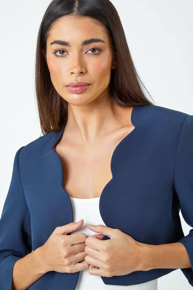 34 Sleeve Cropped Scallop Edge Smart Jacket Women Roman Jackets