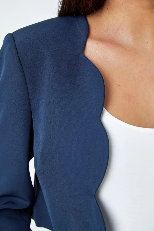 34 Sleeve Cropped Scallop Edge Smart Jacket Women Roman Jackets