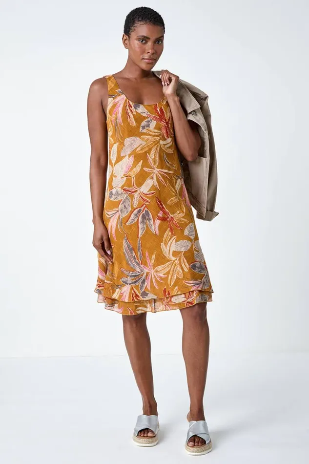 Amber Floral Print Cotton Layered Dress Women Roman Dresses