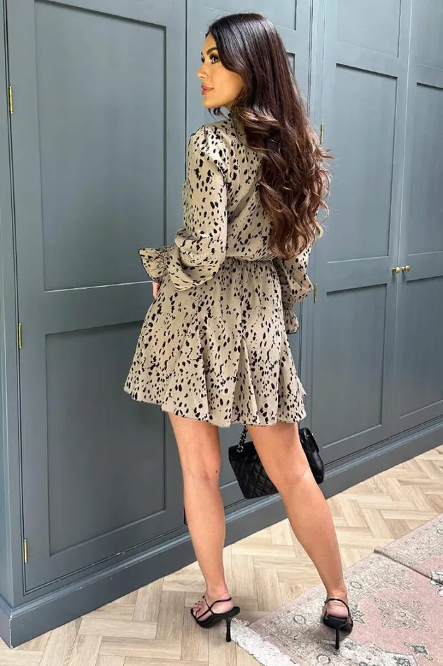 AX Paris Beige Animal Print Long Sleeve Shirred Detail Skater Dress Dresses