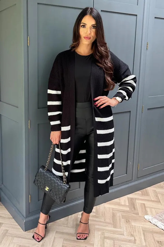 AX Paris Black And Cream Stripe Knit Long Cardigan Knitwear