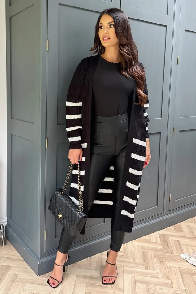 AX Paris Black And Cream Stripe Knit Long Cardigan Knitwear