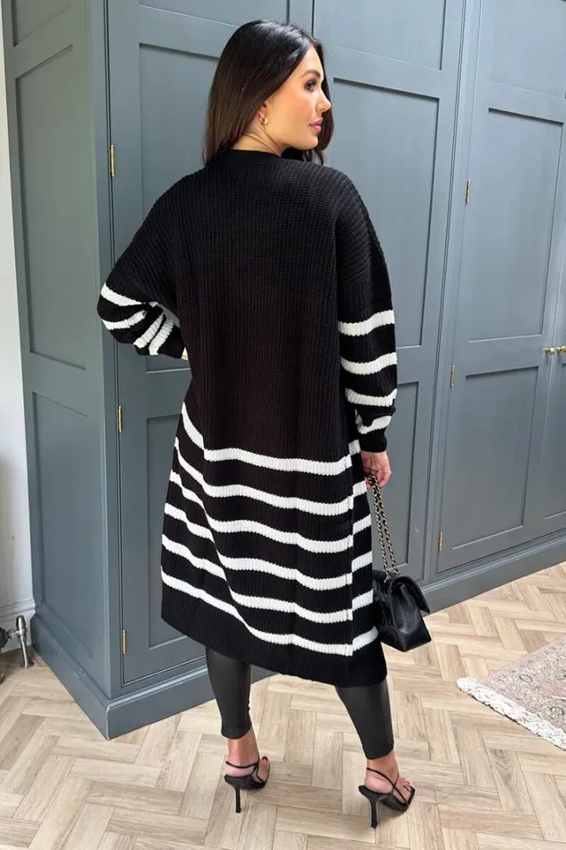 AX Paris Black And Cream Stripe Knit Long Cardigan Knitwear