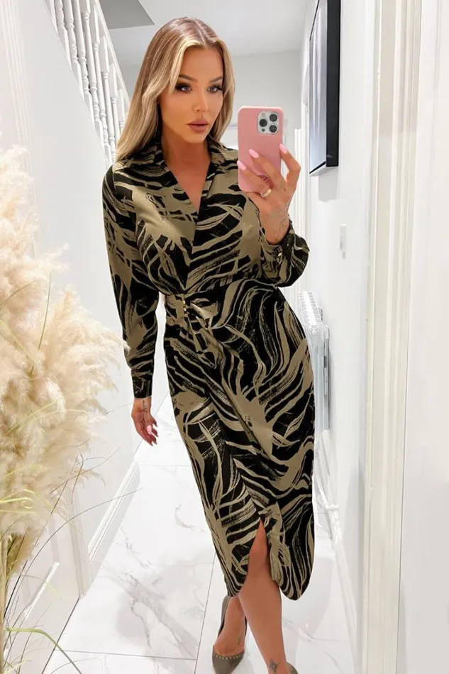 AX Paris Black And Khaki Print Wrap Collared Midi Dress Dresses