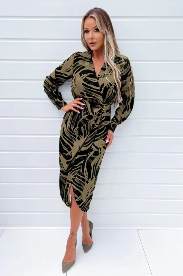 AX Paris Black And Khaki Print Wrap Collared Midi Dress Dresses