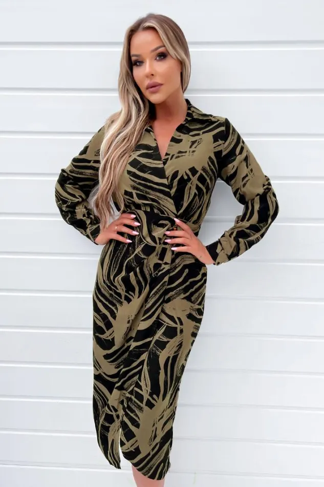 AX Paris Black And Khaki Print Wrap Collared Midi Dress Dresses