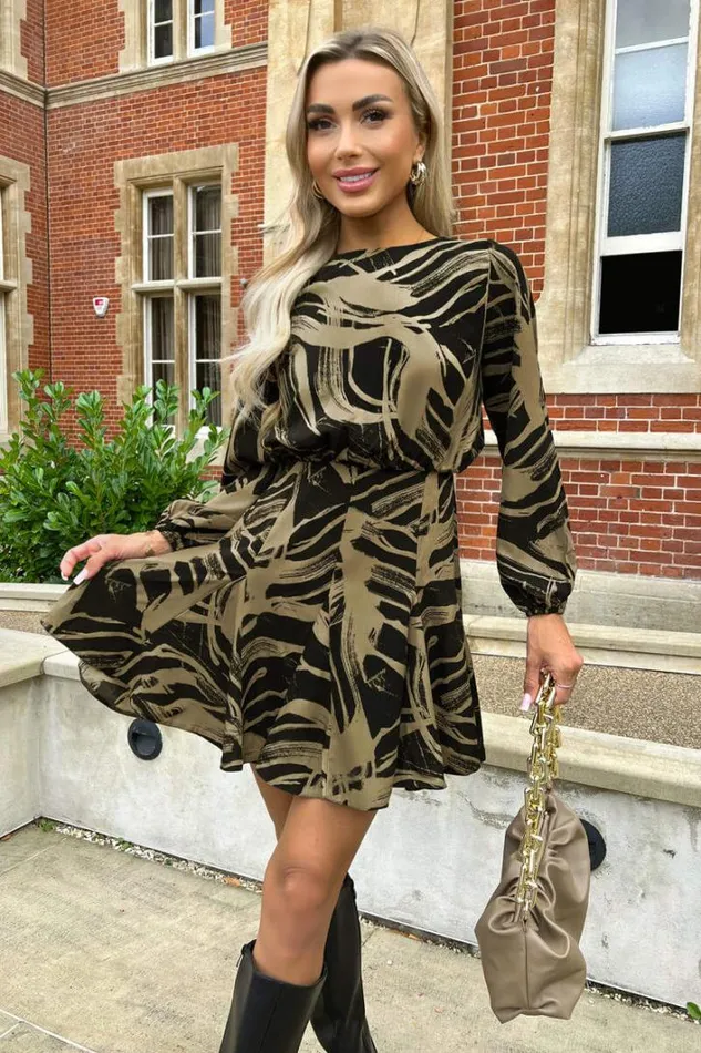 AX Paris Black And Khaki Printed Long Sleeve Skater Dress Dresses