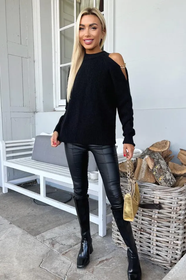 AX Paris Black Cut Out Shoulder Chain Detail Knit Jumper Knitwear