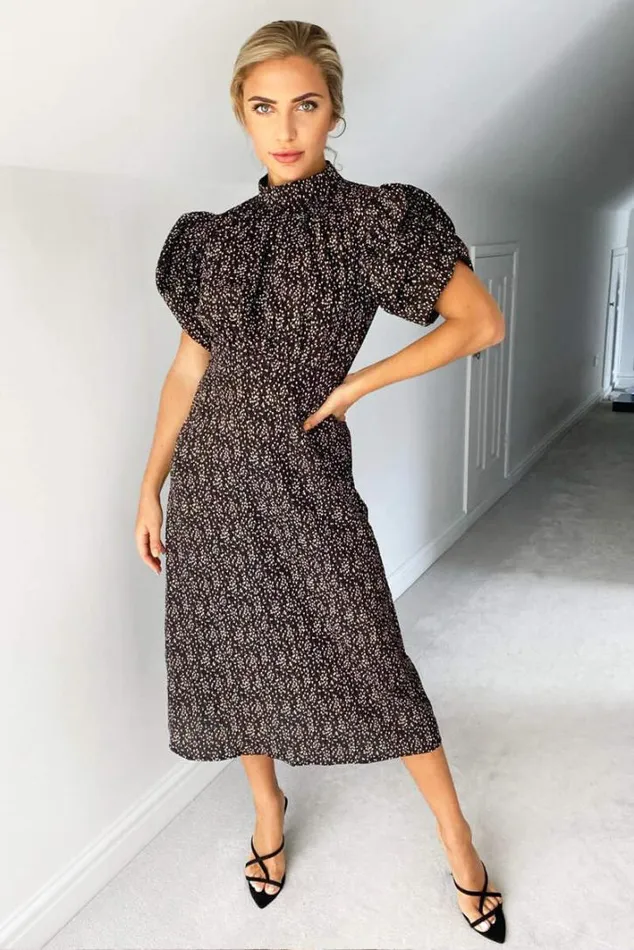 AX Paris Black Ditsy Floral Puff Sleeve Midi Dress Midi Dresses