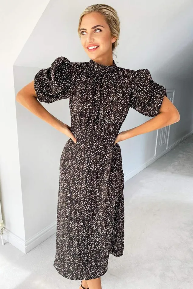 AX Paris Black Ditsy Floral Puff Sleeve Midi Dress Midi Dresses