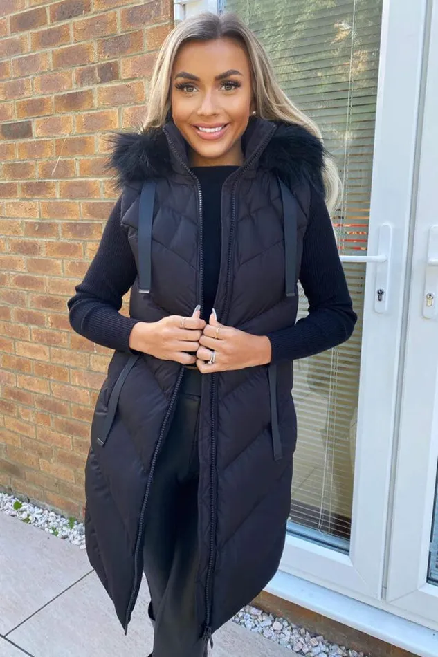 AX Paris Black Faux Fur Hooded Gilet Coats and Jackets