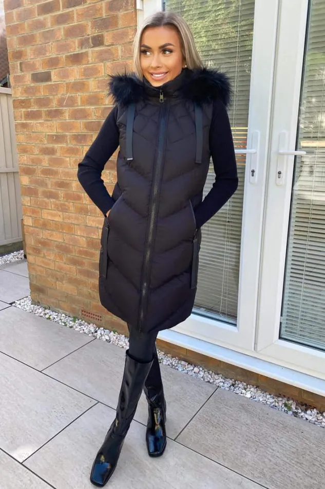 AX Paris Black Faux Fur Hooded Gilet Coats and Jackets
