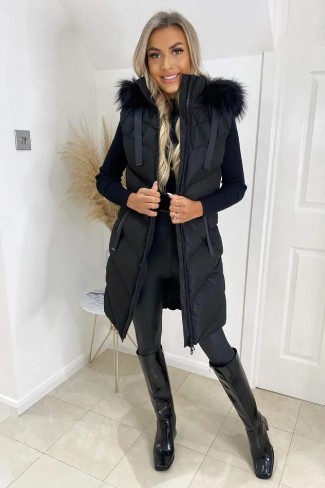 AX Paris Black Faux Fur Hooded Gilet Coats and Jackets