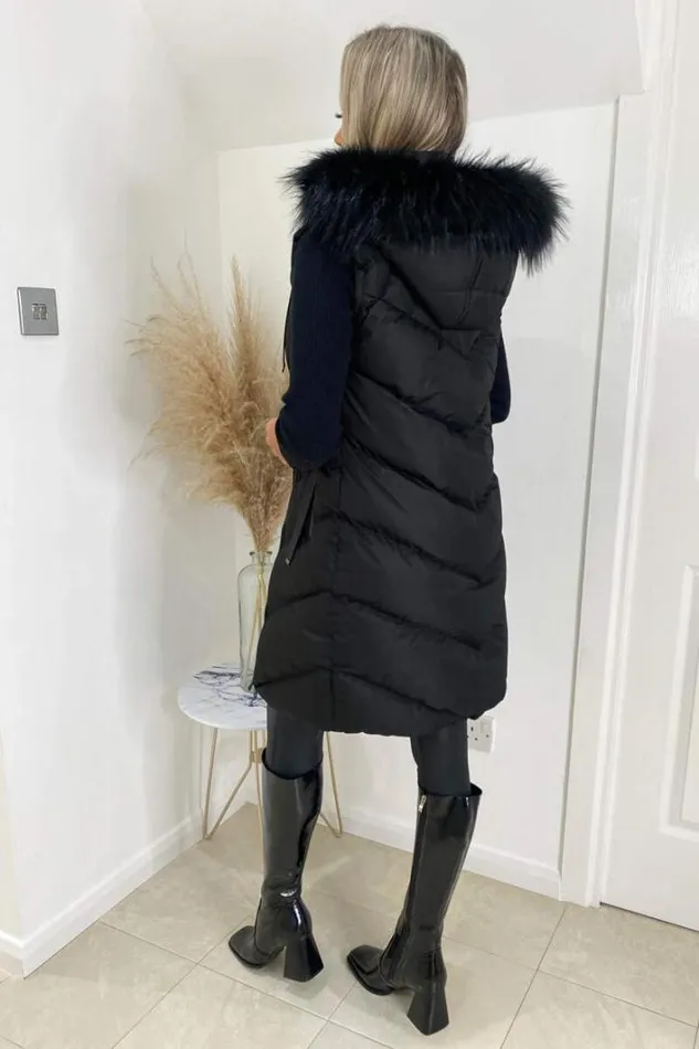 AX Paris Black Faux Fur Hooded Gilet Coats and Jackets
