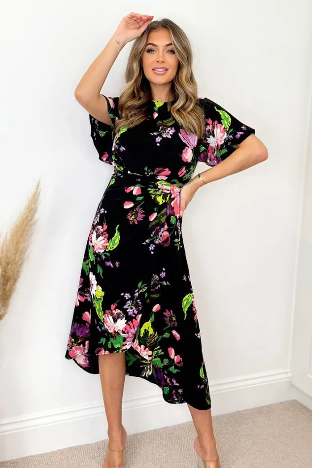 AX Paris Black Floral Printed Short Sleeve Gathered Side Midi Dress Dresses