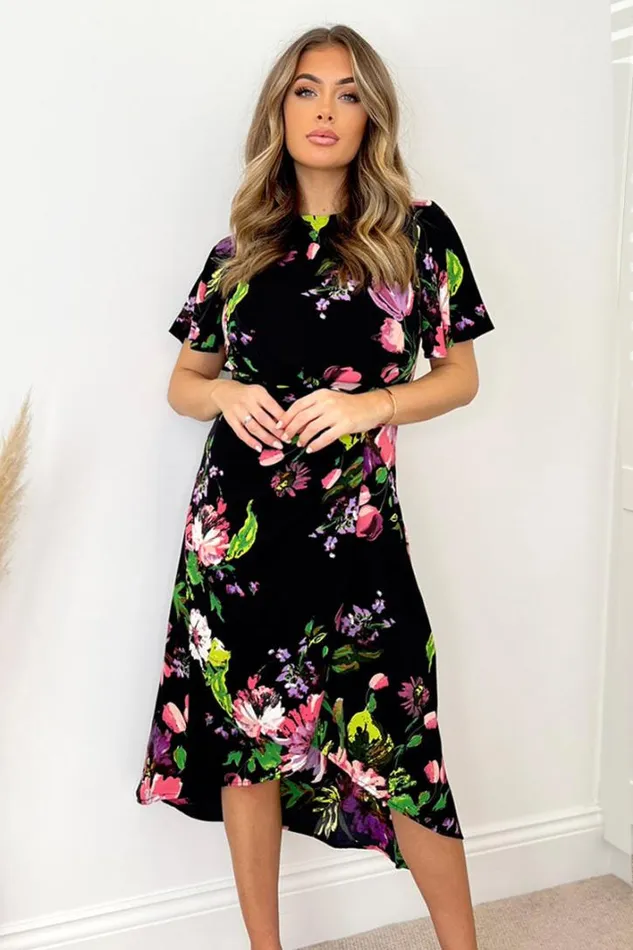 AX Paris Black Floral Printed Short Sleeve Gathered Side Midi Dress Dresses