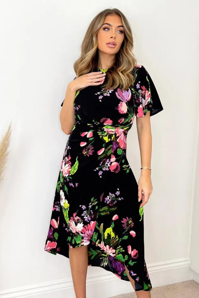 AX Paris Black Floral Printed Short Sleeve Gathered Side Midi Dress Dresses