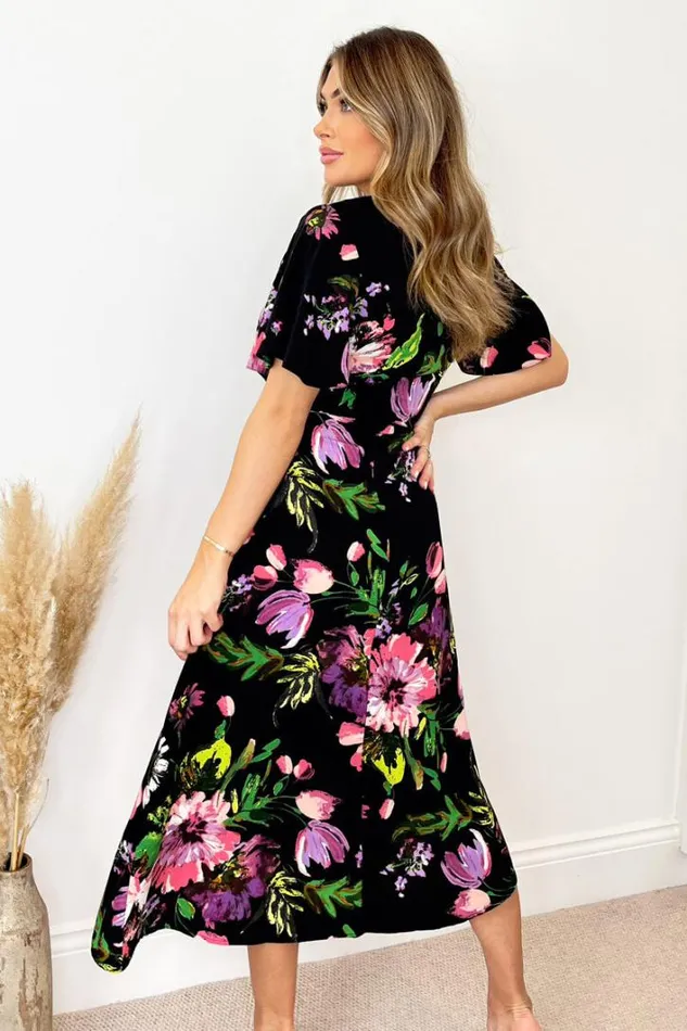 AX Paris Black Floral Printed Short Sleeve Gathered Side Midi Dress Dresses