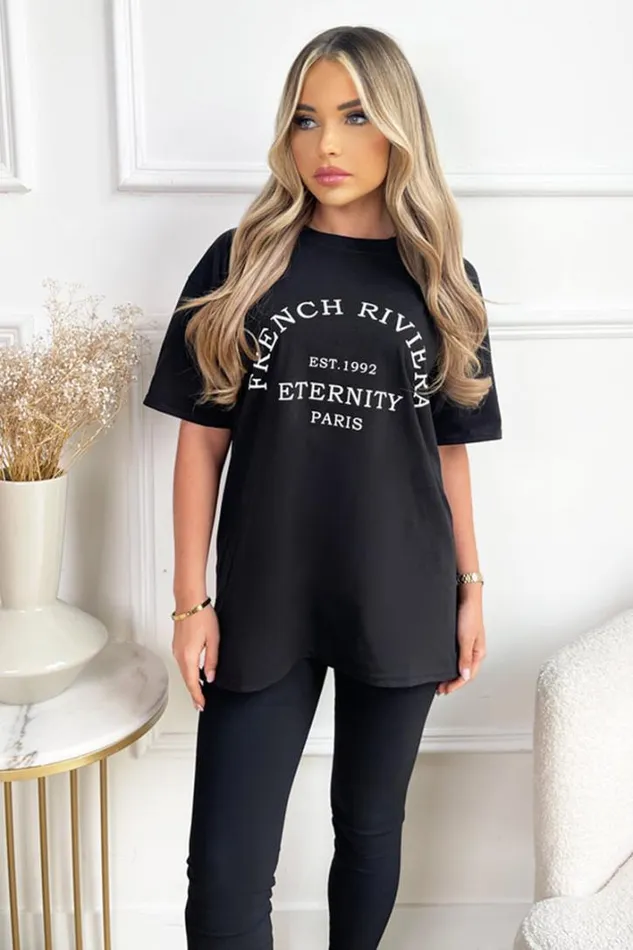 AX Paris Black French Riviera Slogan TShirt Tops