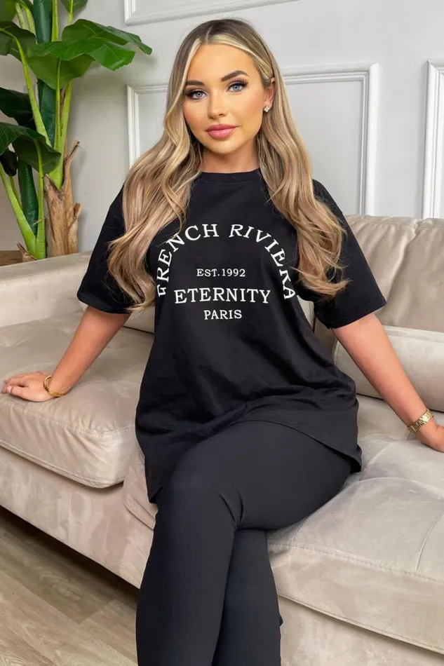 AX Paris Black French Riviera Slogan TShirt Tops
