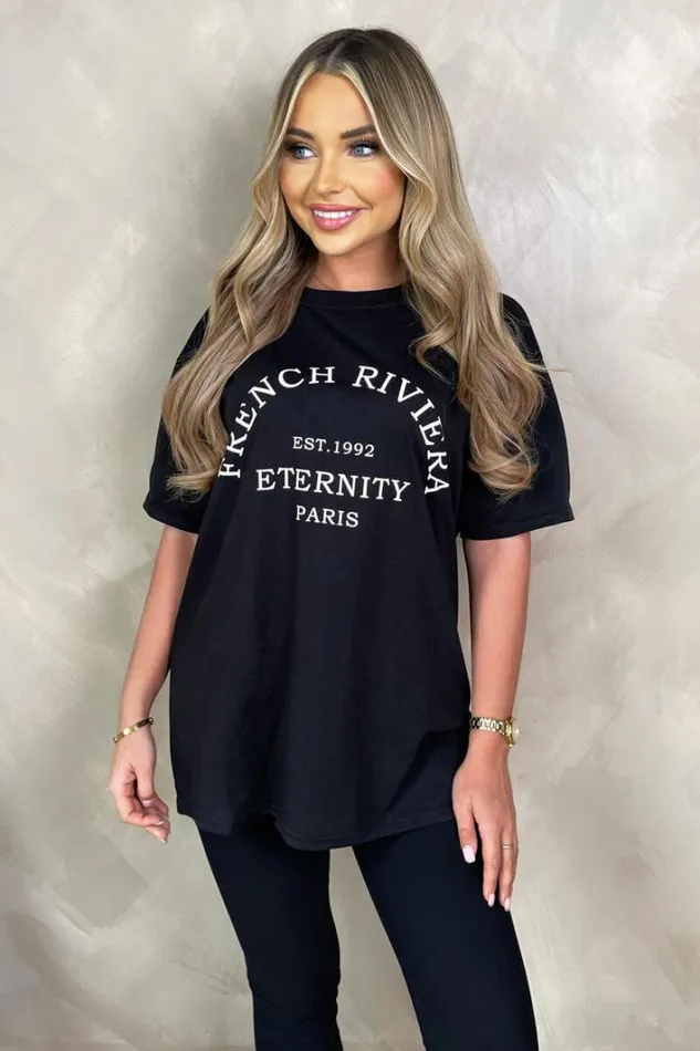 AX Paris Black French Riviera Slogan TShirt Tops