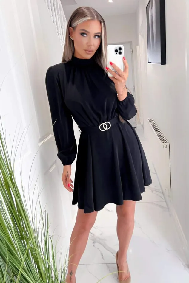 AX Paris Black High Neck Long Puff Sleeve Belted Skater Dress Dresses