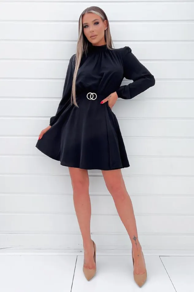 AX Paris Black High Neck Long Puff Sleeve Belted Skater Dress Dresses